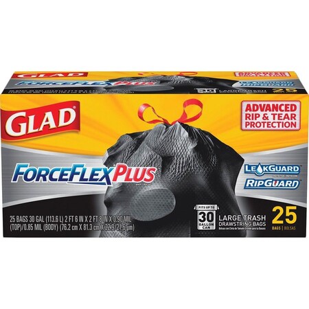 Glad 30 gal Trash Bags, L, 0.90 mil (23 Micron), Black, 6 PK CLO70359CT